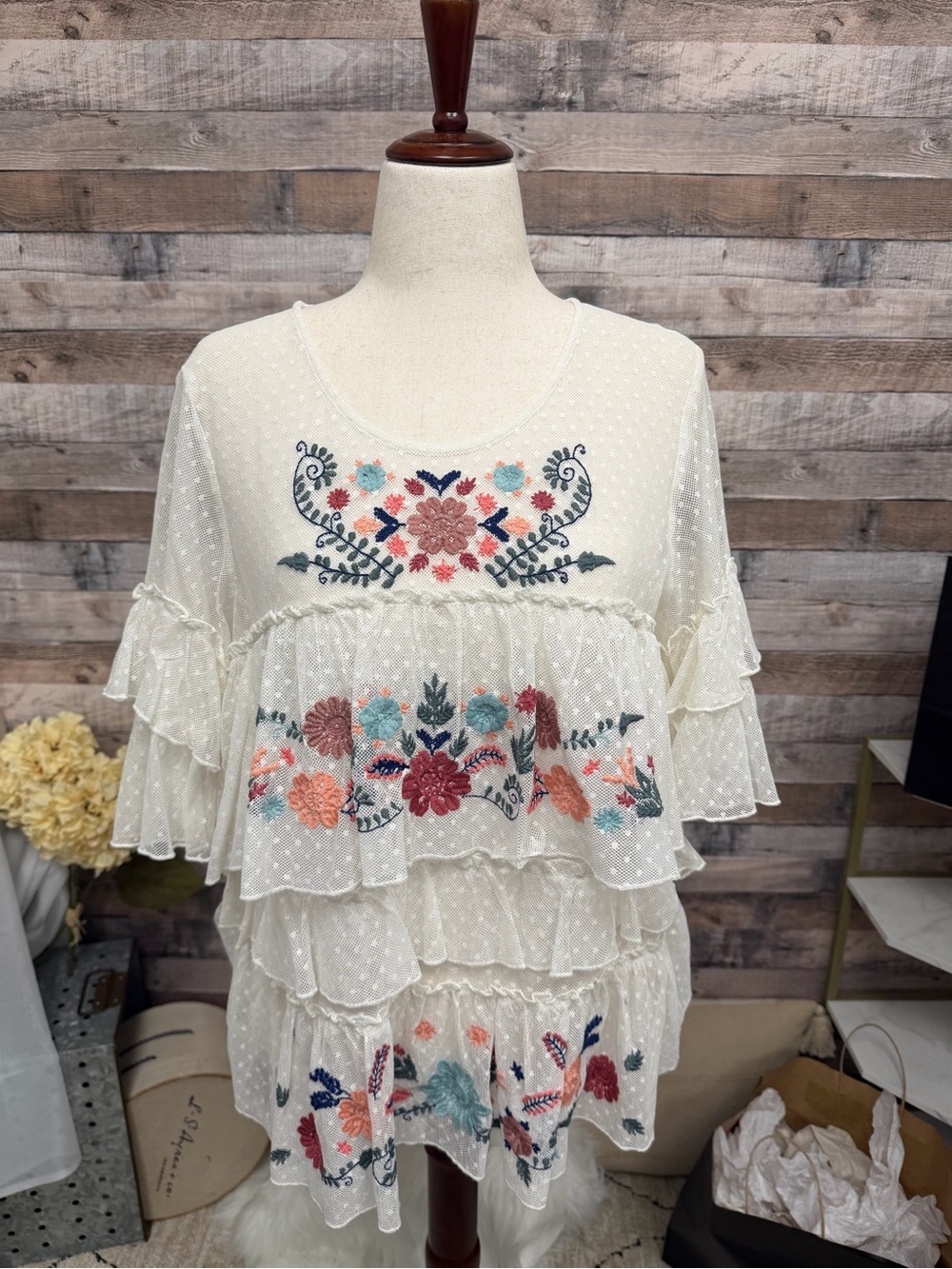 Vintage America Cream Tiered Swiss Dot Blouse with Multicolor Floral Embroidery